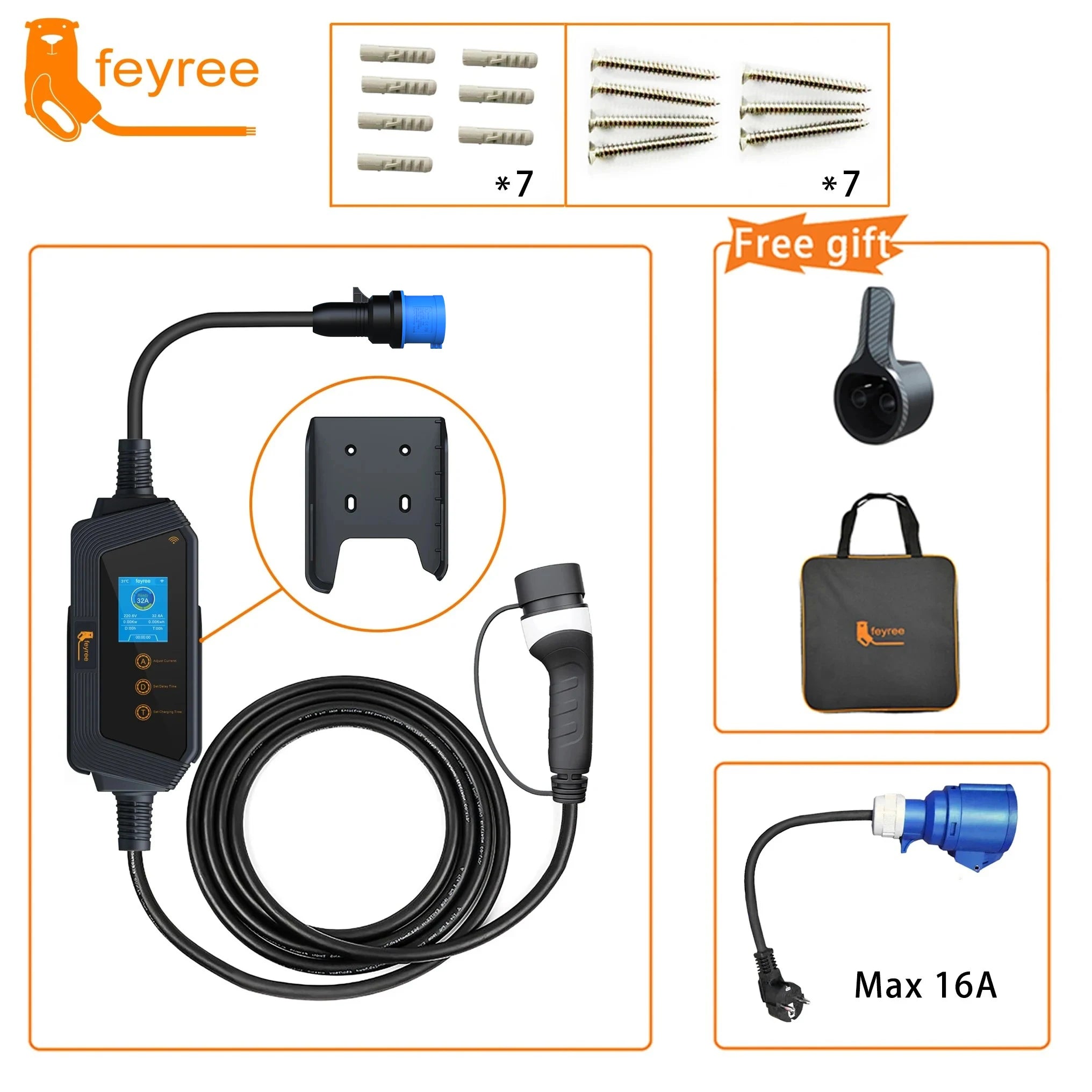 7kW Smart Portable EV Charger Type 2 - Wi-Fi App Control & Adjustable Amps - 36