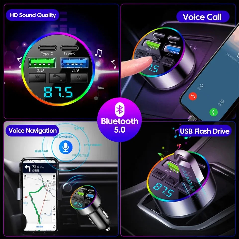 66W Fast Charge Bluetooth FM Transmitter - 4-Port Car MP3 Player Adapter - 2