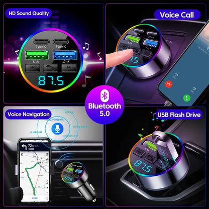 66W Fast Charge Bluetooth FM Transmitter - 4-Port Car MP3 Player Adapter