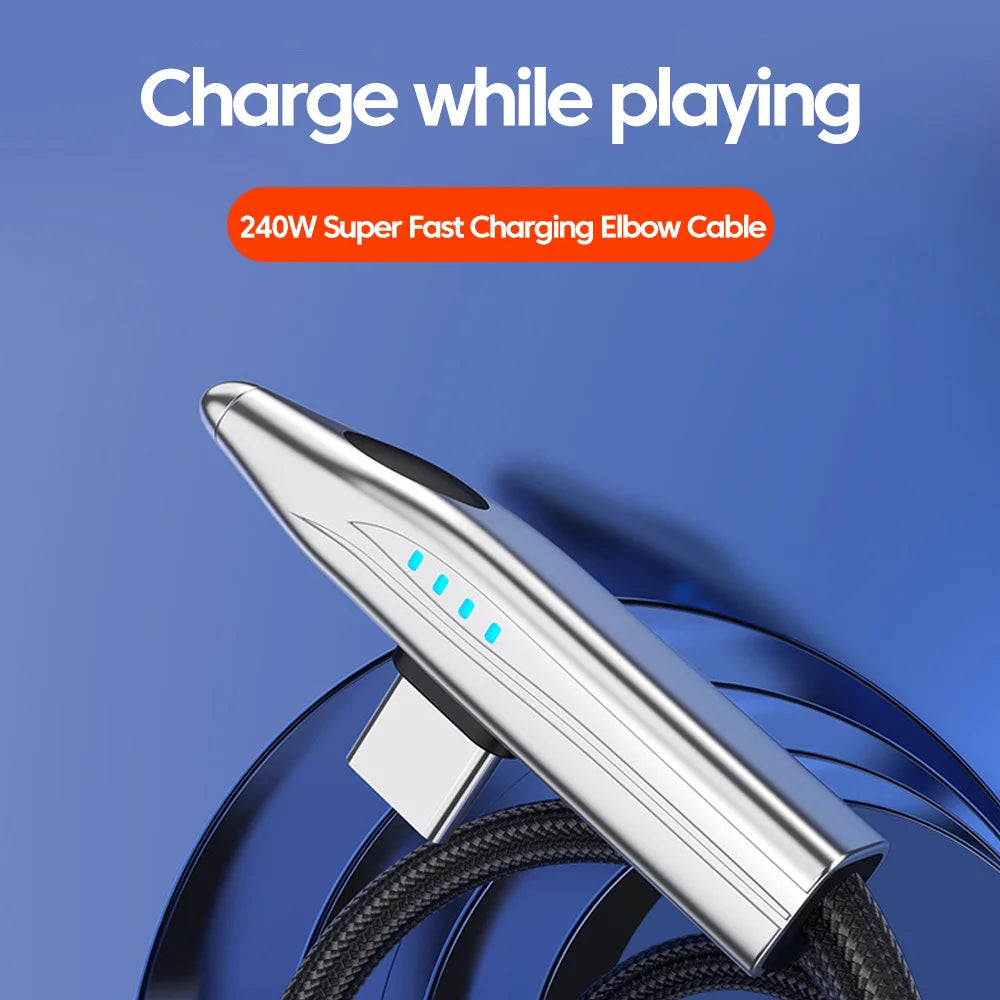 240W USB-C to USB-C Fast Charging Cable - 90 Degree Elbow for Gaming