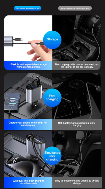 120W Retractable Fast Car Charger with 4-in-1 Charging Ports