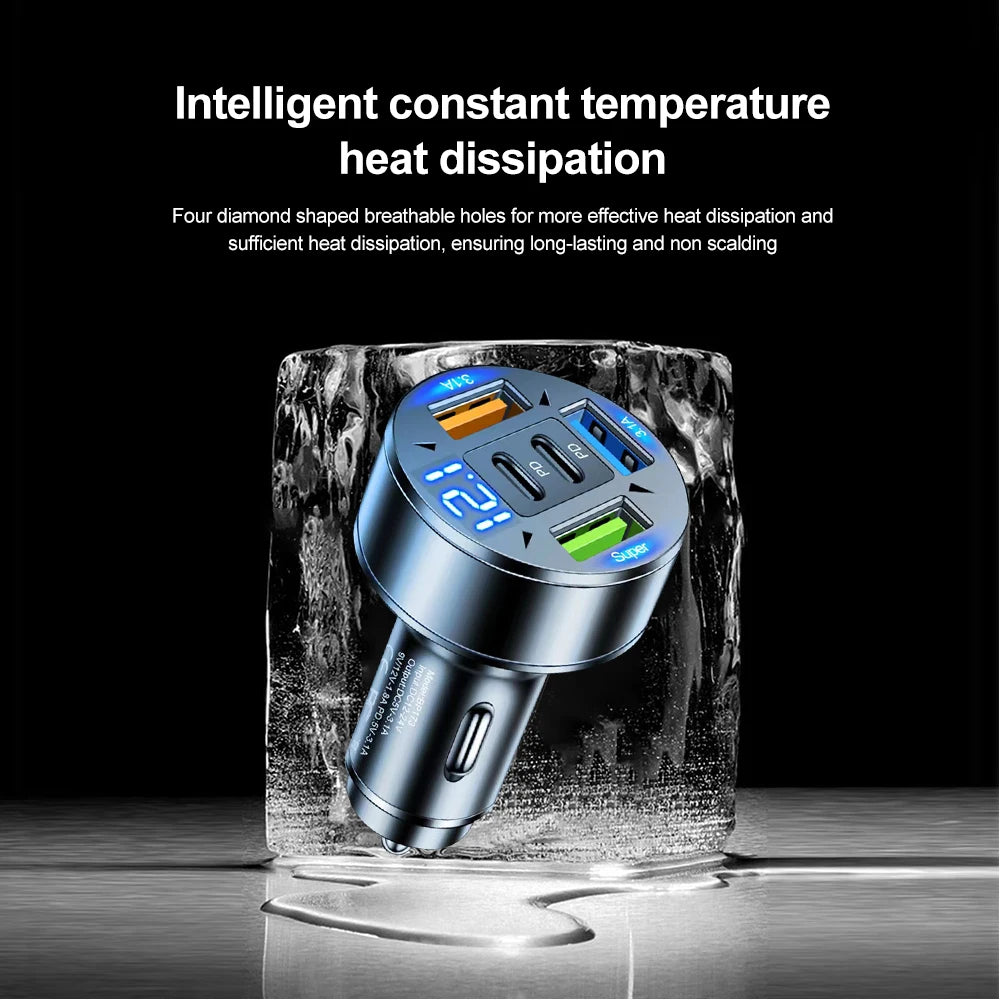 250W 5-Port Fast Car Charger - PD QC3.0 USB-C Multi-Device Adapter