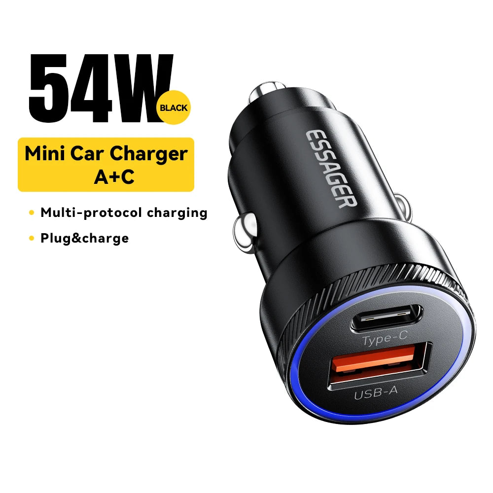 Essager 54W Dual Port Fast Car Charger - USB-C & USB-A PD/QC 3.0 Adapter - 22