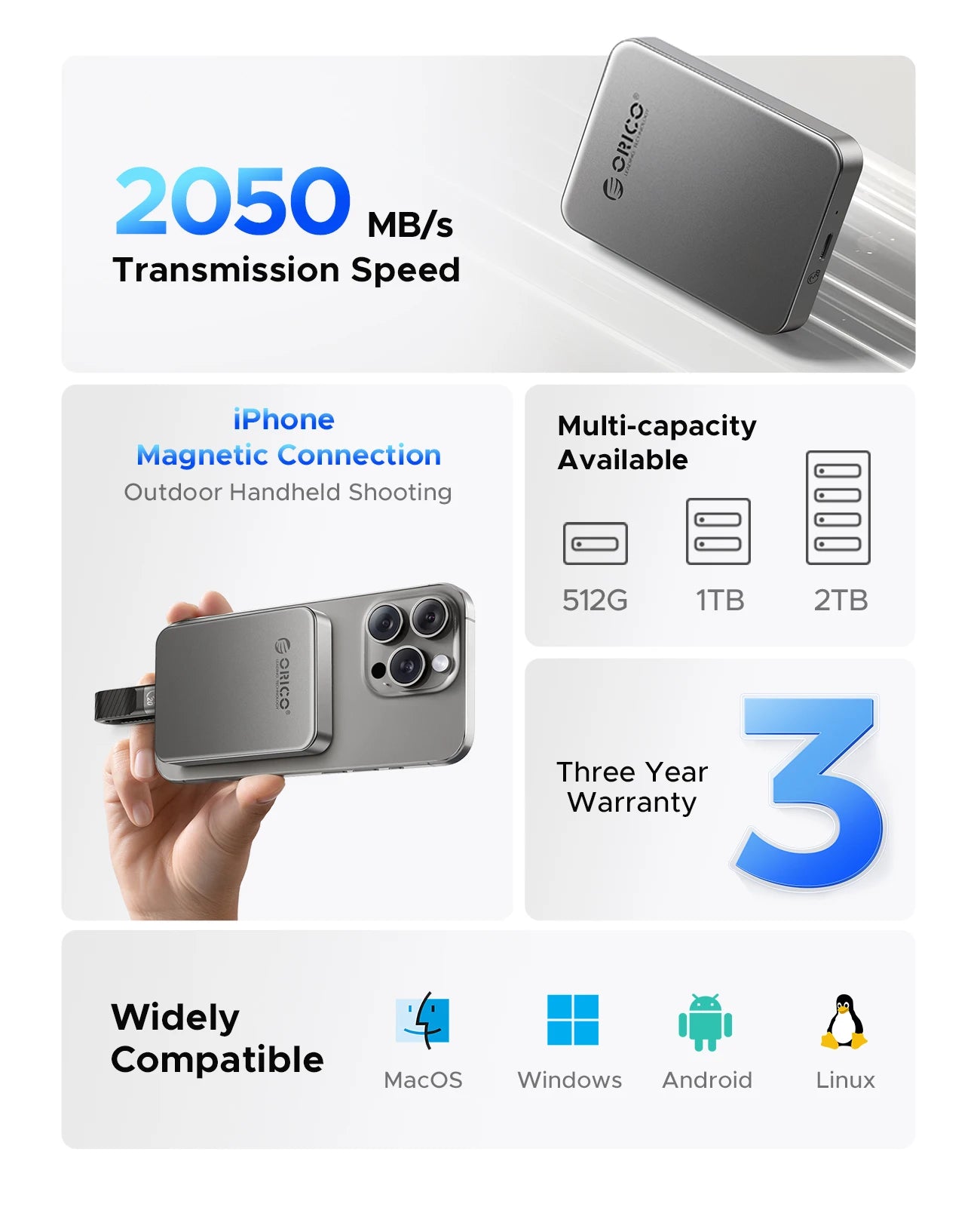 Magnetic External SSD for iPhone 16/15 Pro, 2000MB/s Portable Storage