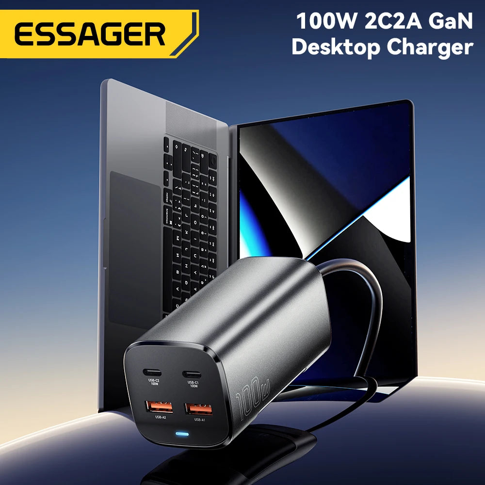 100W GaN Desktop Fast Charger - 4-Port USB-C & USB-A Multi-Device Charging Station - 2