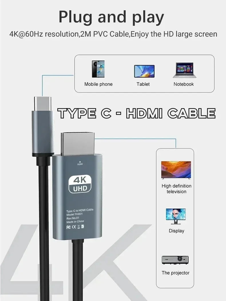 4K USB-C to HDMI Adapter Cable for Laptop, Phone & Tablet Screen Mirroring
