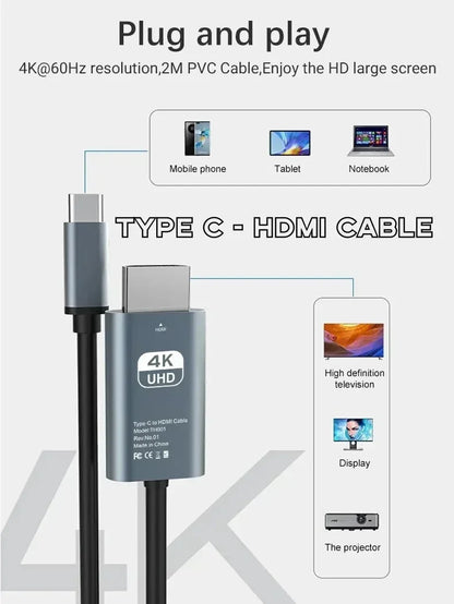 4K USB-C to HDMI Adapter Cable for Laptop, Phone & Tablet Screen Mirroring