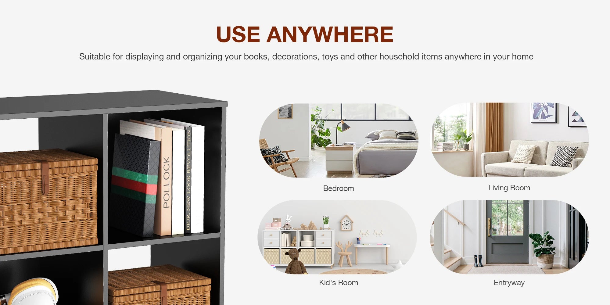 9-Cube Wooden Storage Organizer - Modern Open Bookshelf & Display Unit - 9
