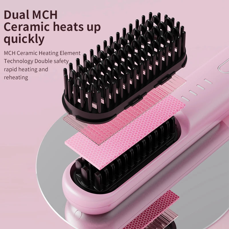 Fast Heating Cordless Hair Straightening Brush - Anti-Frizz Ionic Styling Comb