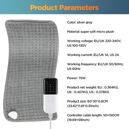 Electric Heating Pad for Pain Relief - 10 Heat Settings & 4 Timer Modes, 30x60cm
