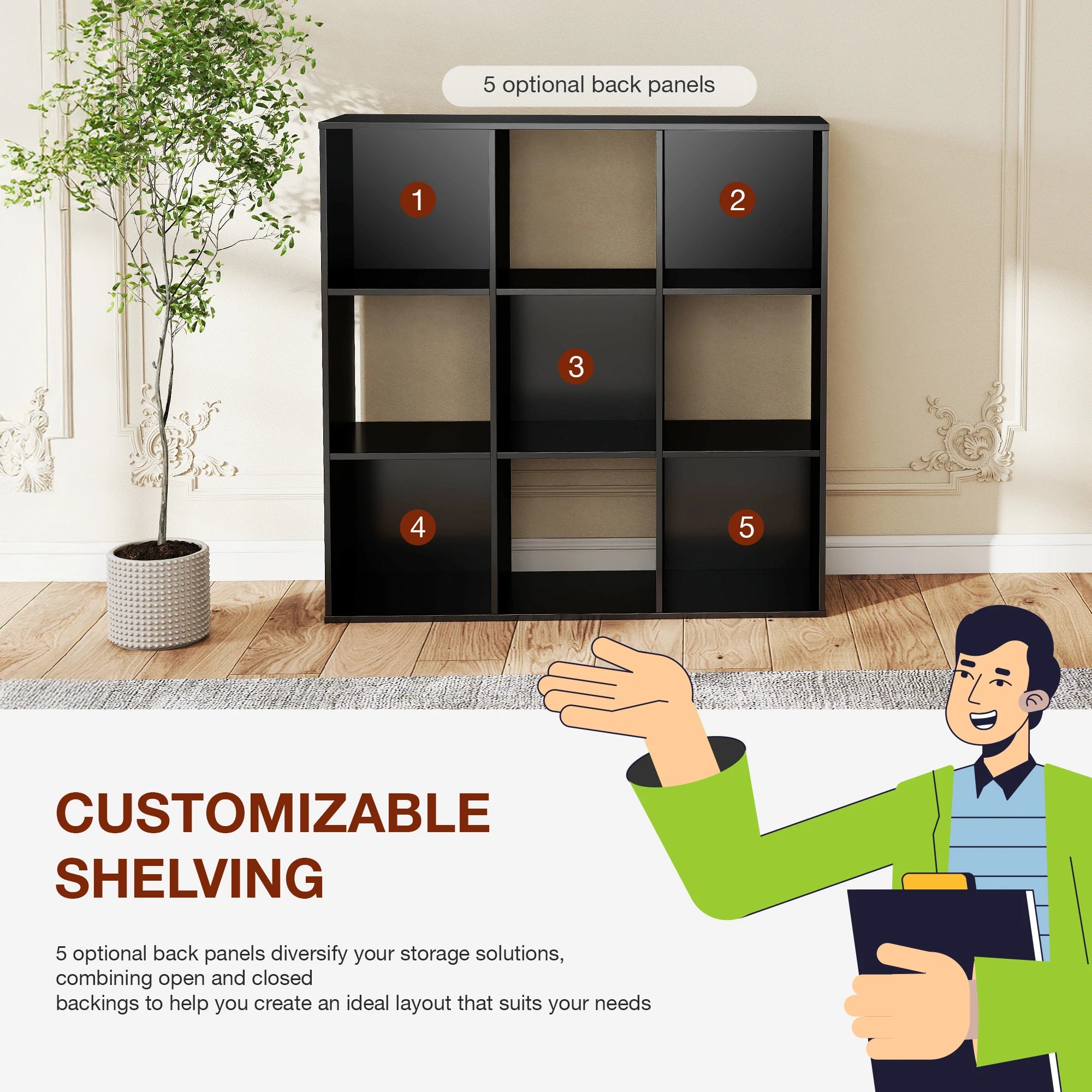 9-Cube Wooden Storage Organizer - Modern Open Bookshelf & Display Unit - 4