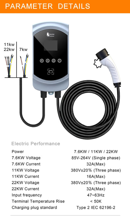 Smart EV Home Charging Station 7.6KW-22KW with WiFi App & RFID Control