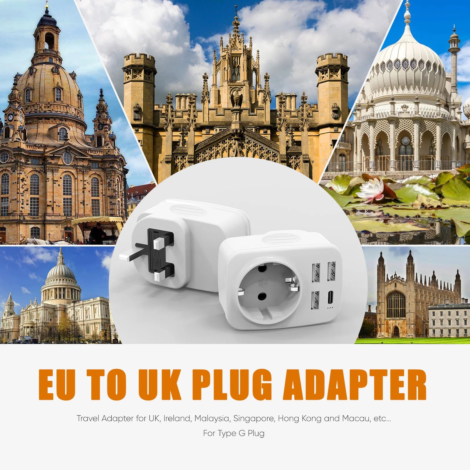 UK Travel Adapter Type G Plug with 3 USB-A & 1 USB-C Ports 5-in-1 Charger - 5