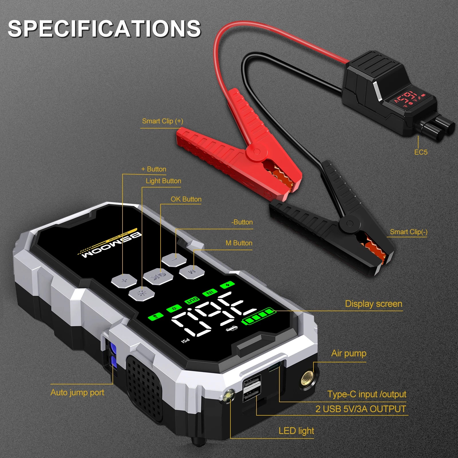 7000A Portable Car Jump Starter with 150PSI Air Compressor & Power Bank - 14