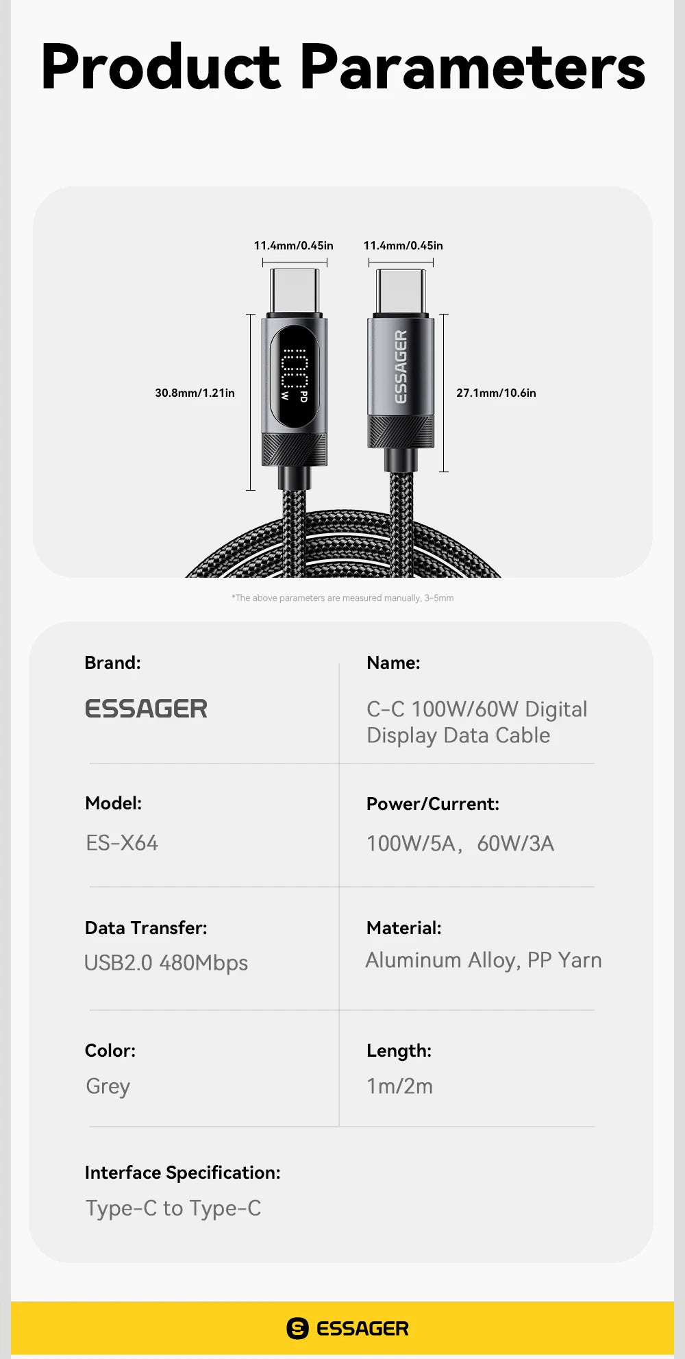 100W PD Fast Charging USB-C Cable with Digital Power Display