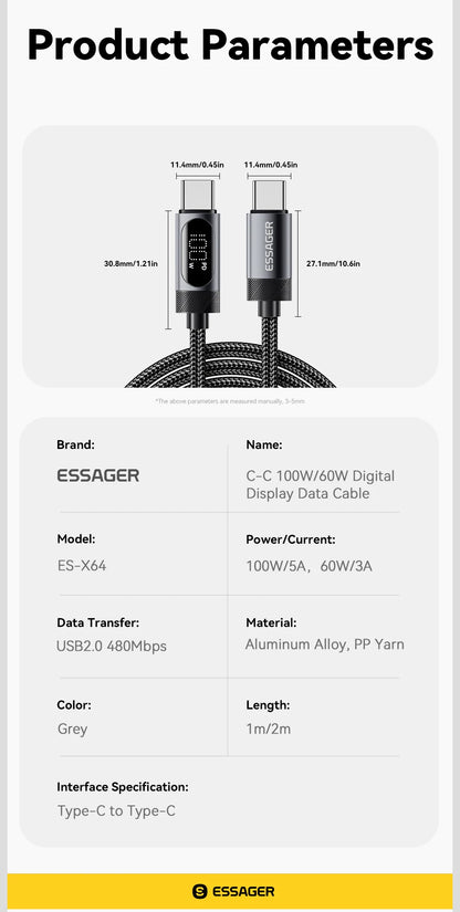 100W PD Fast Charging USB-C Cable with Digital Power Display