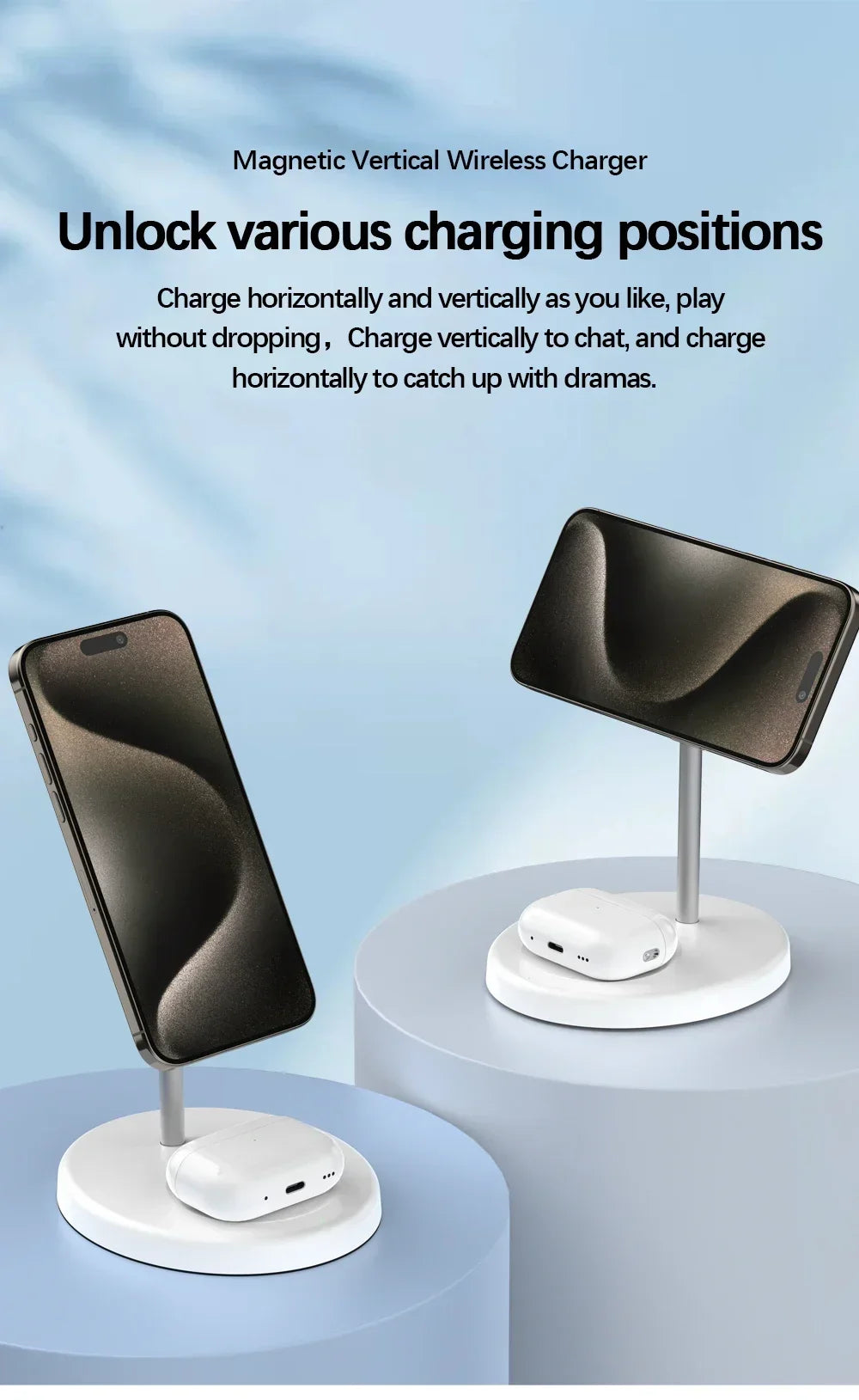2-in-1 Magnetic Wireless Charging Stand for iPhone 16 15 14 13 12 & AirPods