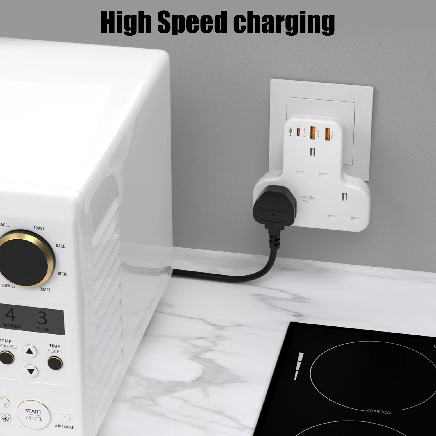 UK 6-in-1 Wall Socket Extender with 20W PD Fast Charging & 3 USB Ports - 5