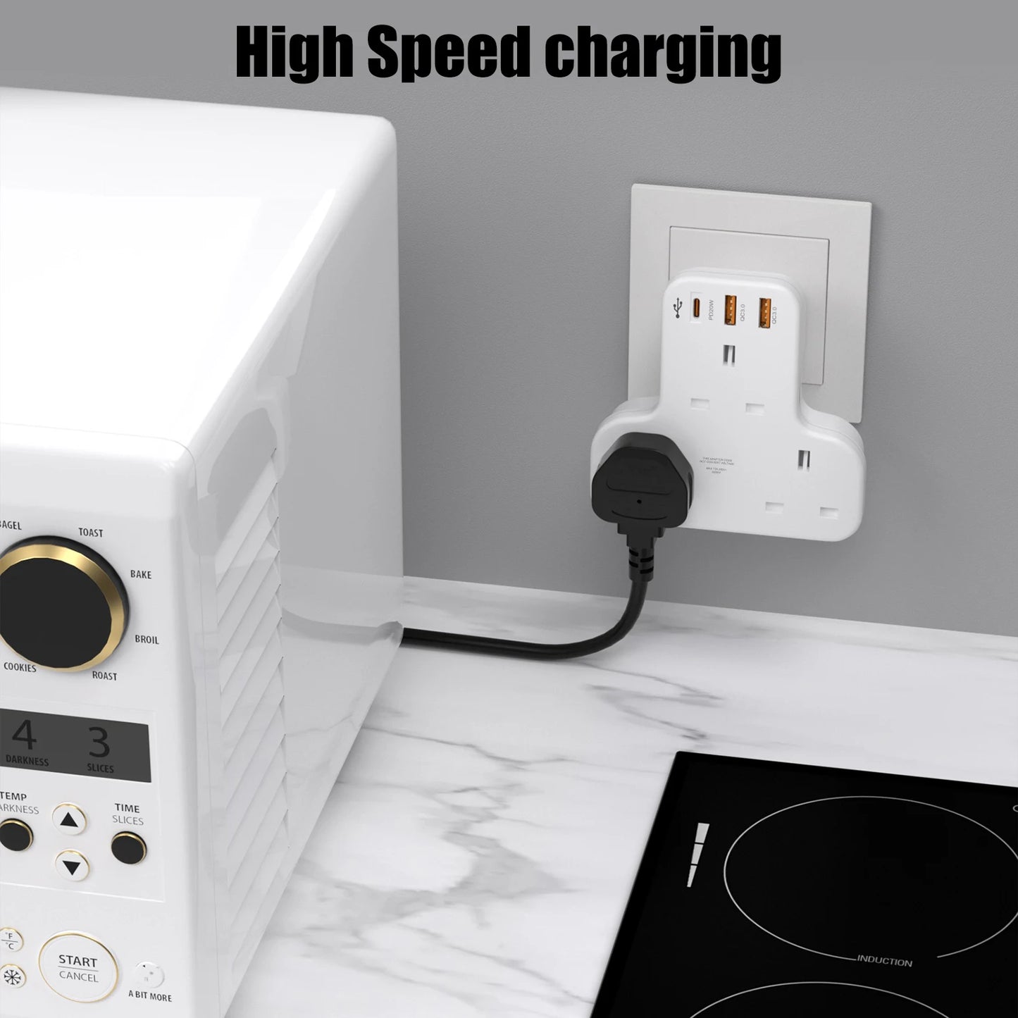 UK 6-in-1 Wall Socket Extender with 20W PD Fast Charging & 3 USB Ports