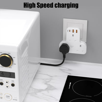 UK 6-in-1 Wall Socket Extender with 20W PD Fast Charging & 3 USB Ports