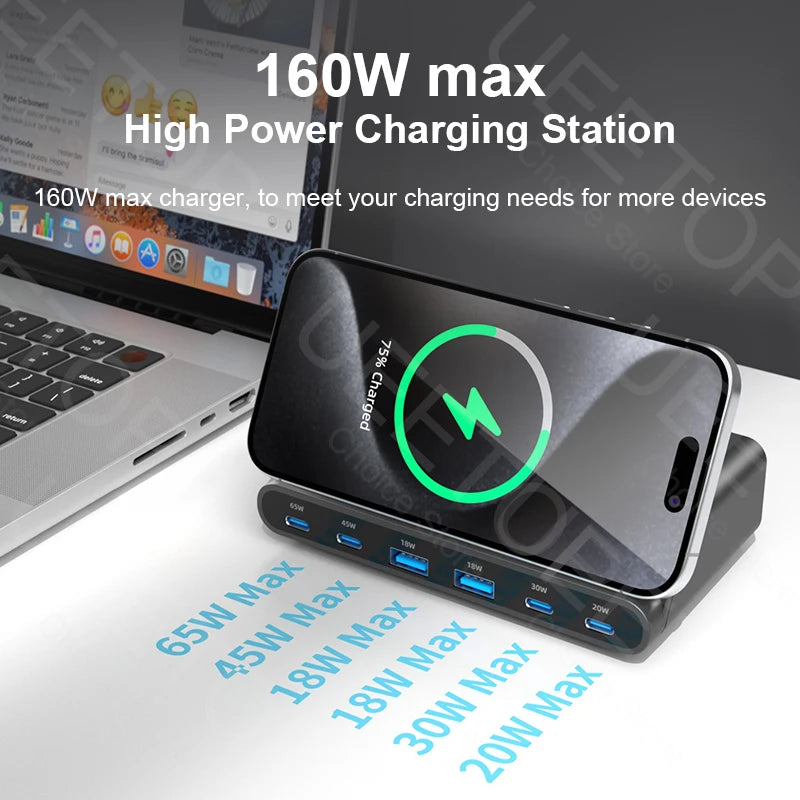 160W GaN Desktop USB Charging Station with 15W Wireless Charger