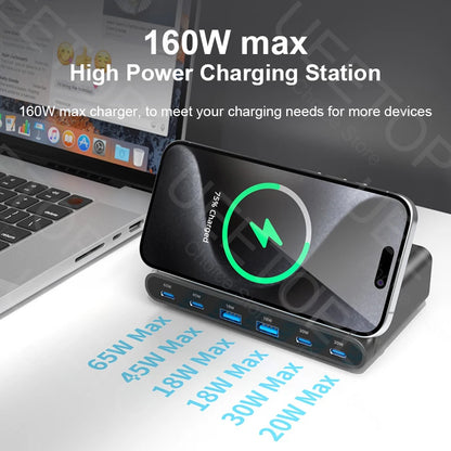 160W GaN Desktop USB Charging Station with 15W Wireless Charger