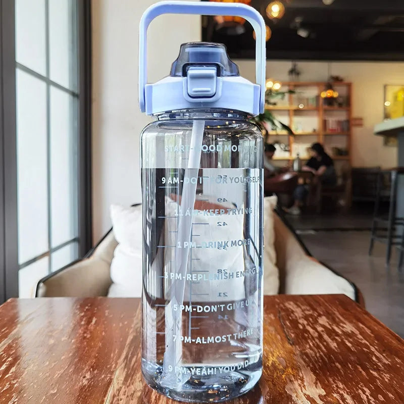2L Large Motivational Water Bottle with Straw & Time Markers for Fitness