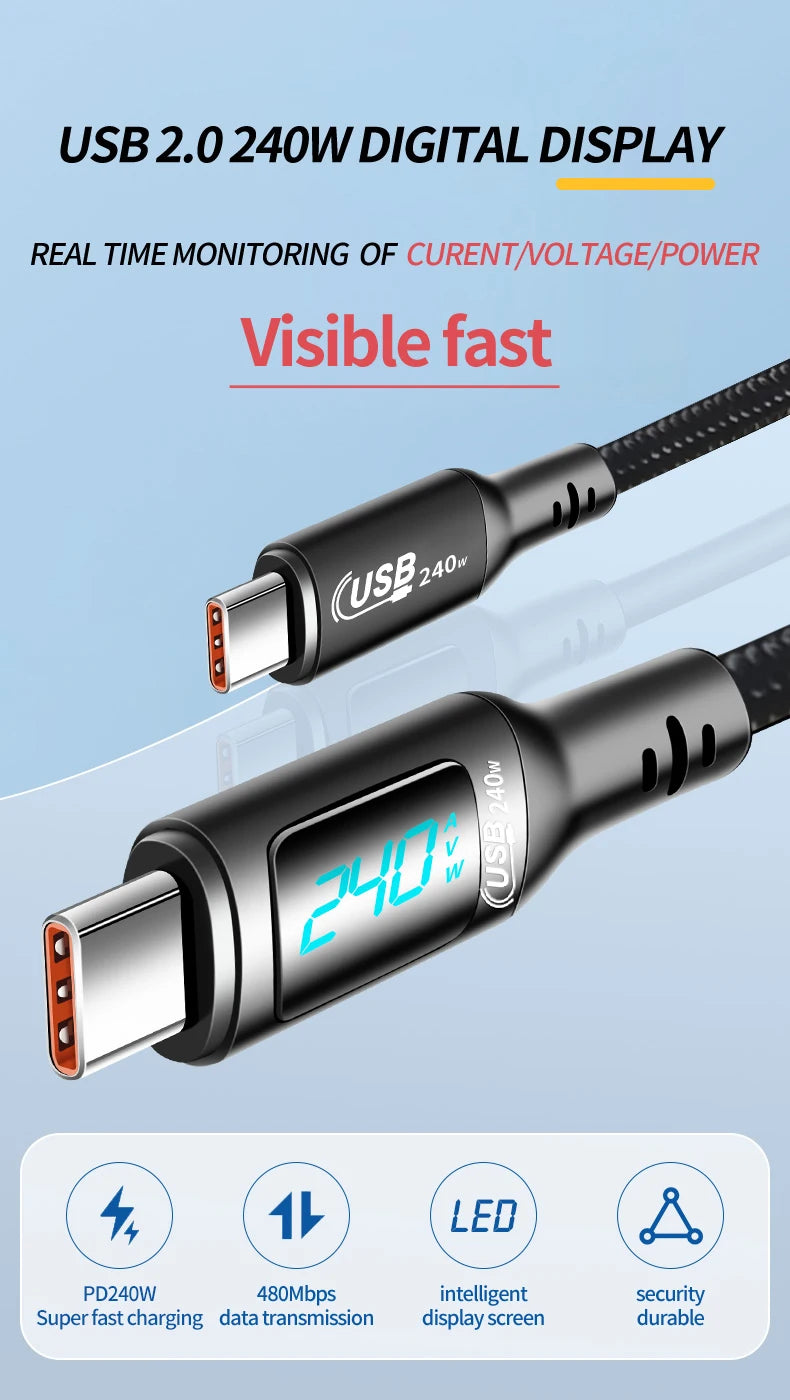 240W USB-C to USB-C Fast Charging Cable with Real-Time LED Power Display