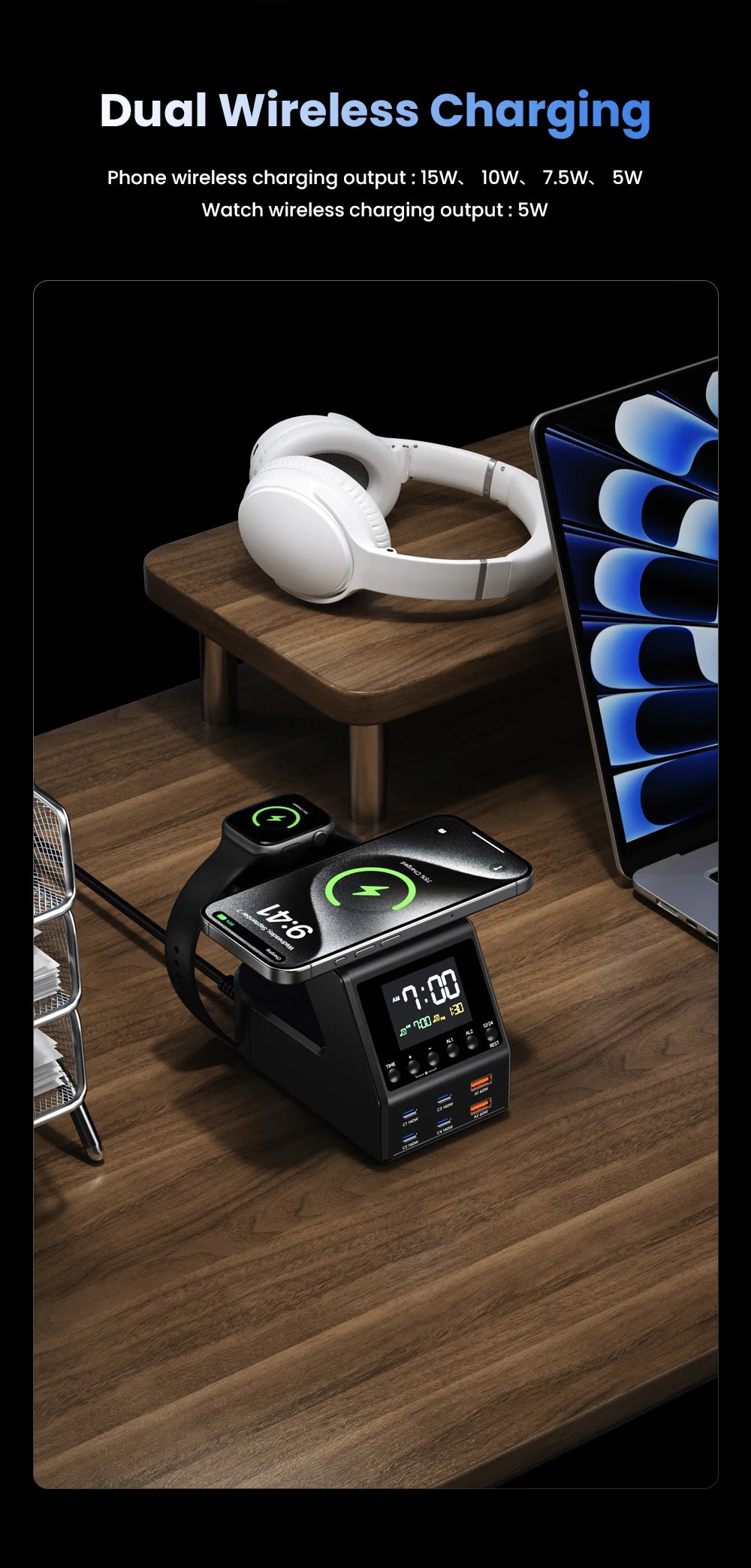 240W GaN Charging Station - 6-Port Fast Charger with Dual Wireless & Clock - 12