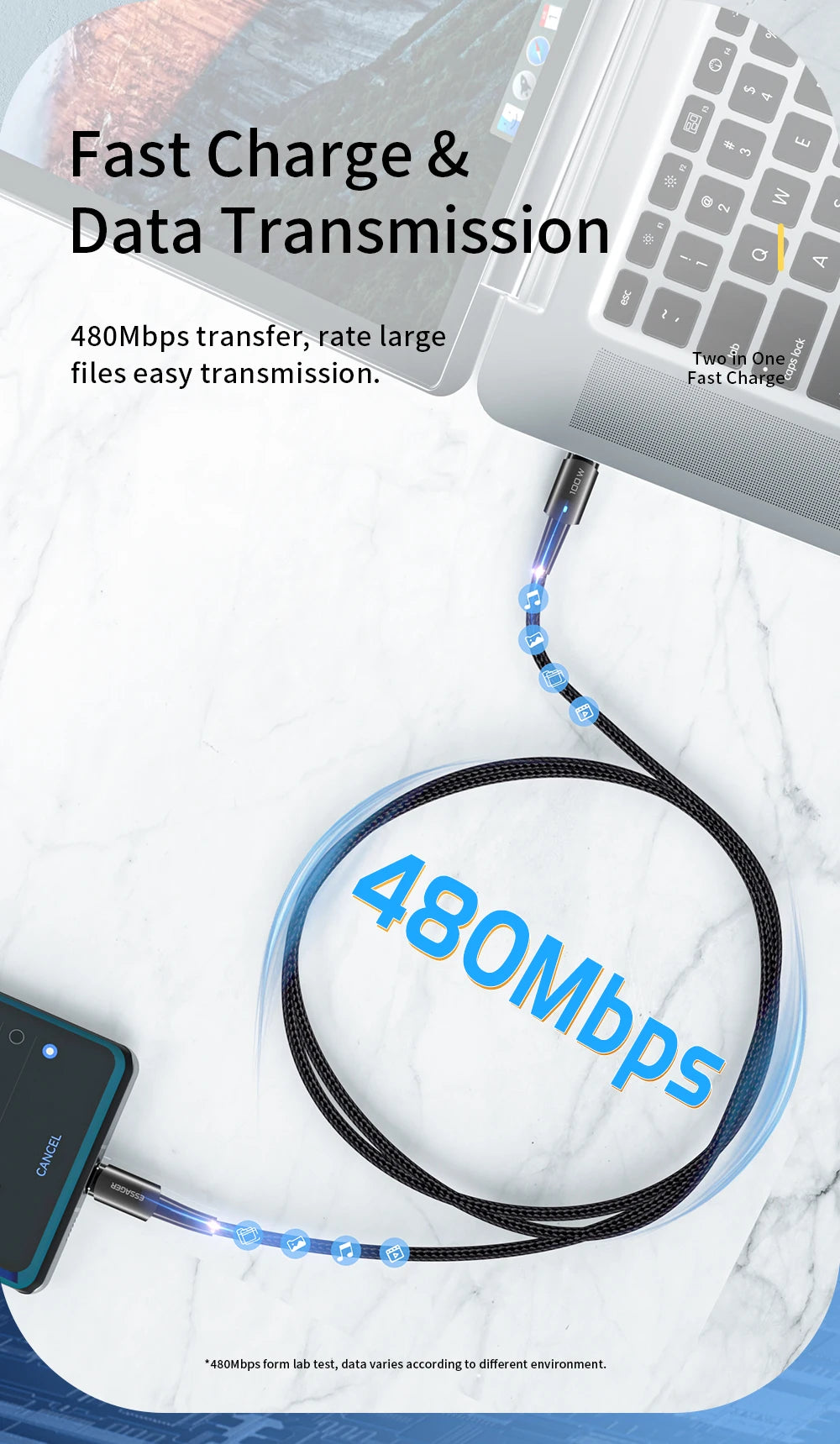 100W USB-C Fast Charging Cable - PD QC 4.0 Data Sync Cord for Laptop & Phone - 11