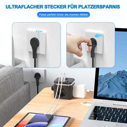 7-in-1 Power Strip with USB-C, Ultra-Thin Flat Plug & 2m Extension Cord