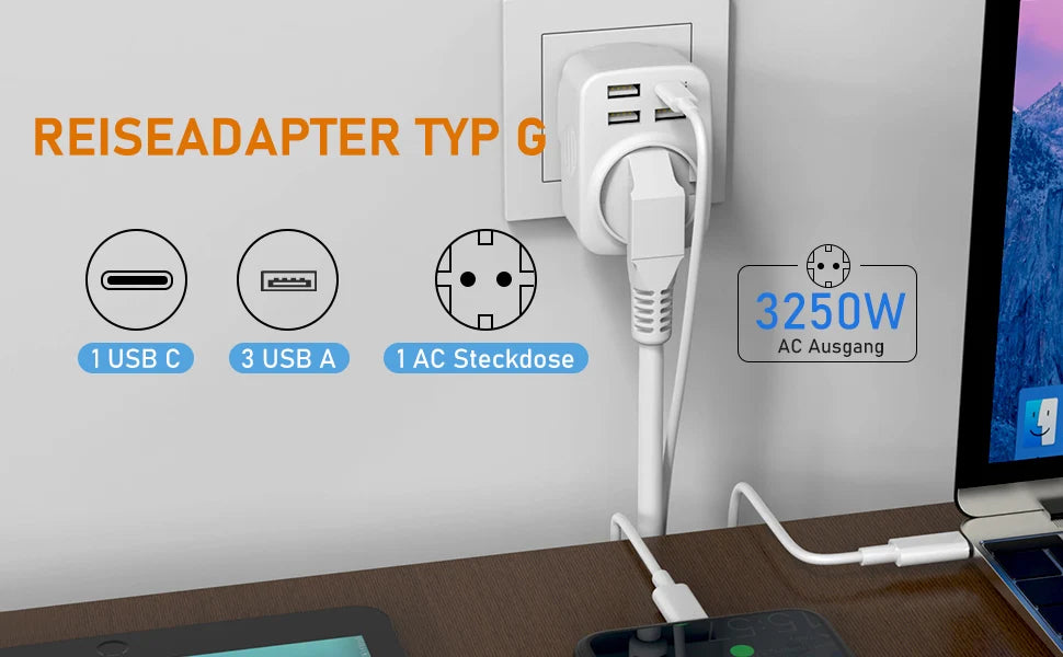UK Travel Adapter Type G Plug with 3 USB-A & 1 USB-C Ports 5-in-1 Charger - 7