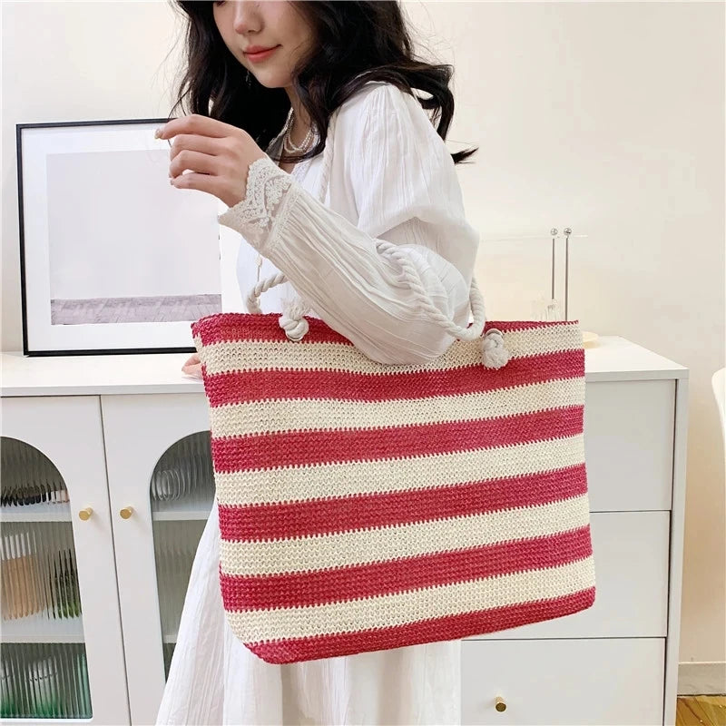 Luxury Striped Straw Beach Tote