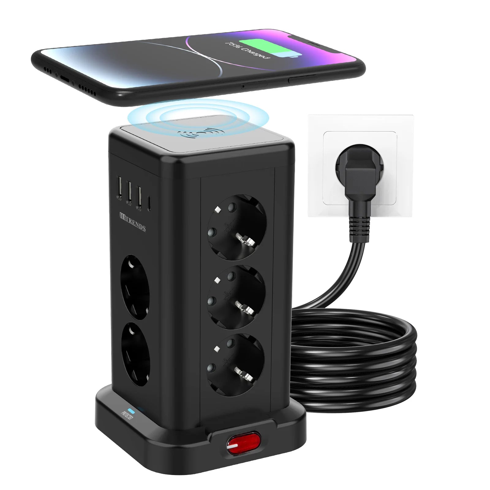 15-in-1 Vertical Power Strip Tower with USB-C & Wireless Charging - 15