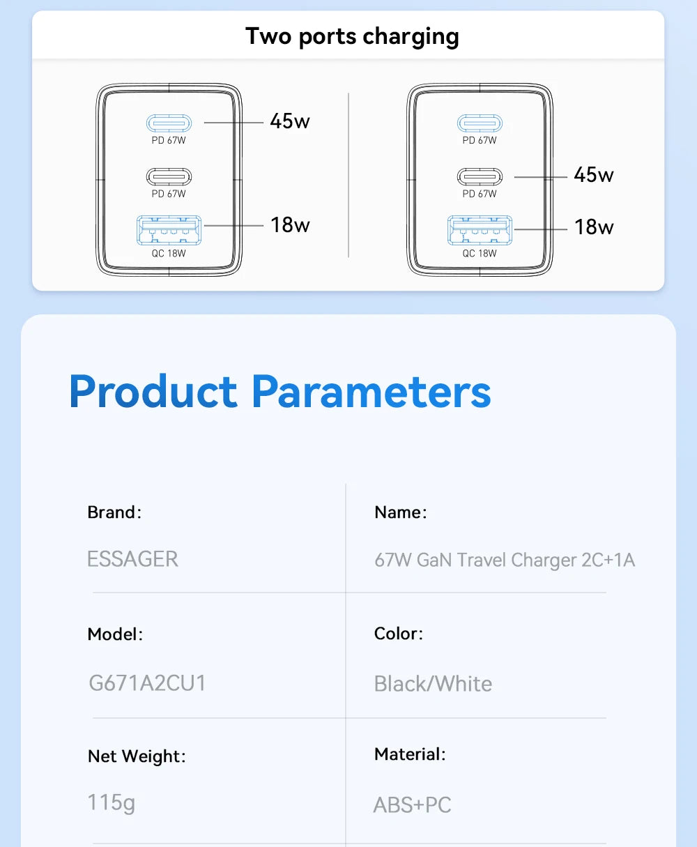 Essager 67W GaN USB-C Fast Wall Charger - Multi-Port Power Adapter - 17
