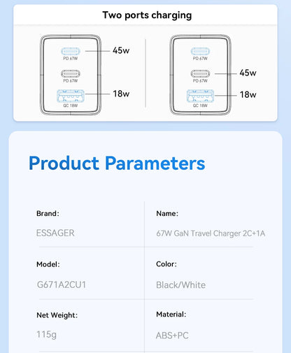 Essager 67W GaN USB-C Fast Wall Charger - Multi-Port Power Adapter