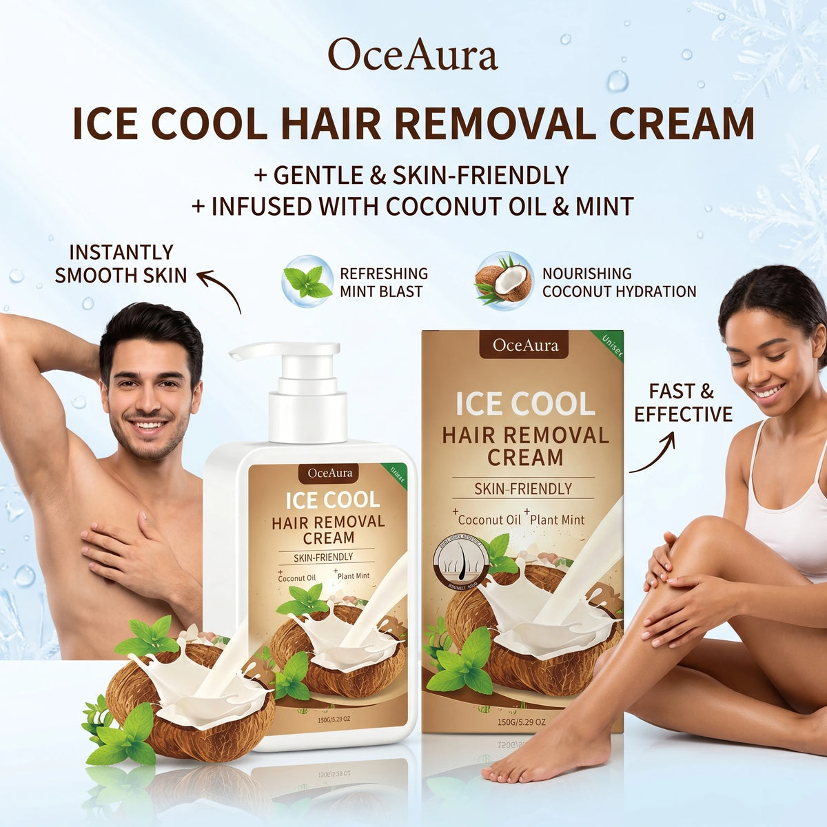 Ice Cool Painless Hair Removal Cream with Coconut Oil & Mint