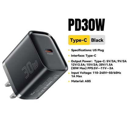 Mini 30W USB-C Fast Charger - PD & QC 3.0 Power Adapter for iPhone & Android