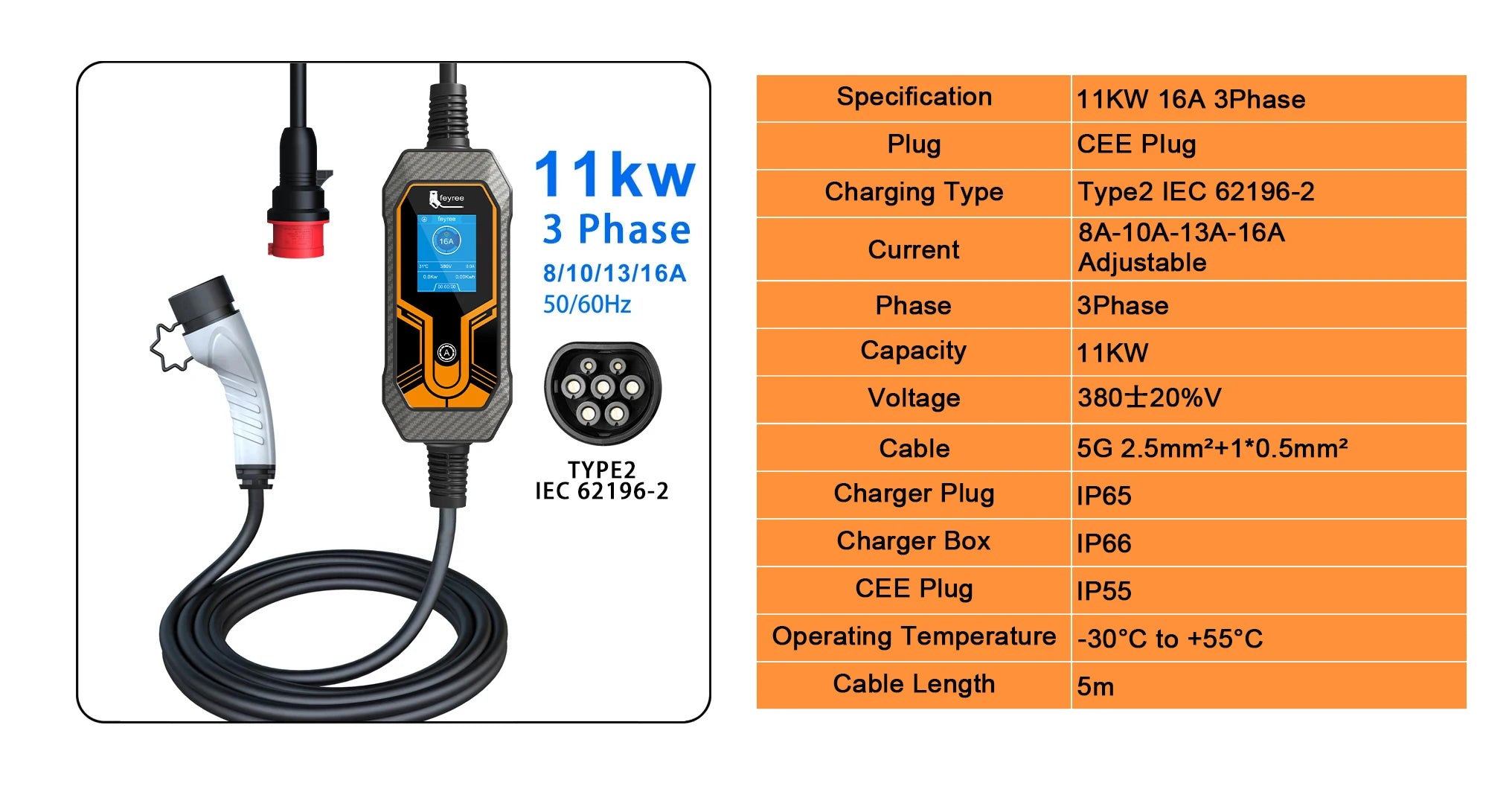 11KW Portable EV Charger Type 2 - Adjustable 16A Electric Car Charging Box - 8