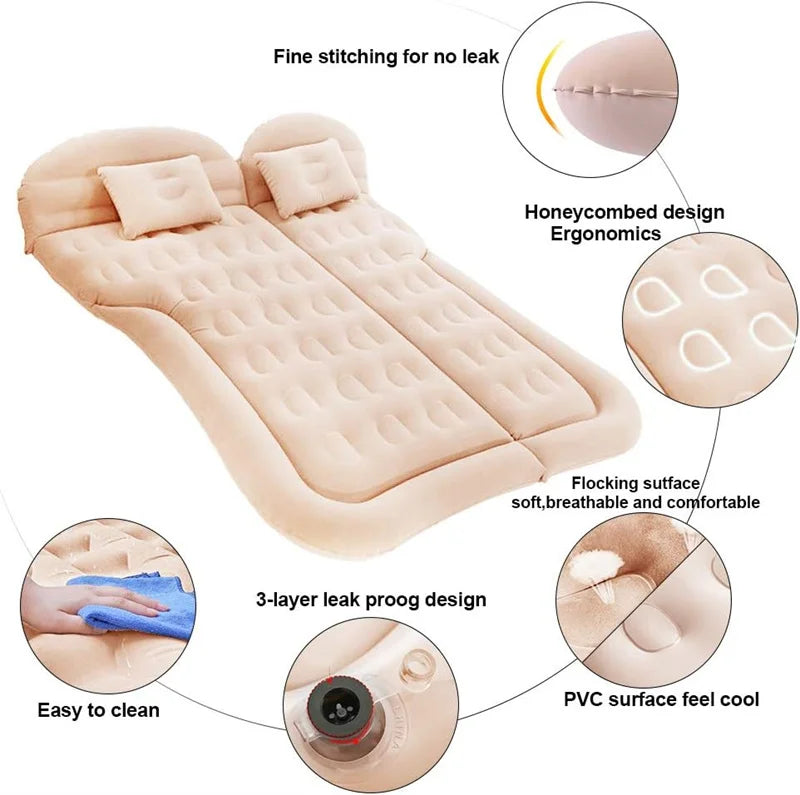 Universal Inflatable Car Air Mattress - Travel Bed & Portable Camping Mat with Pillows