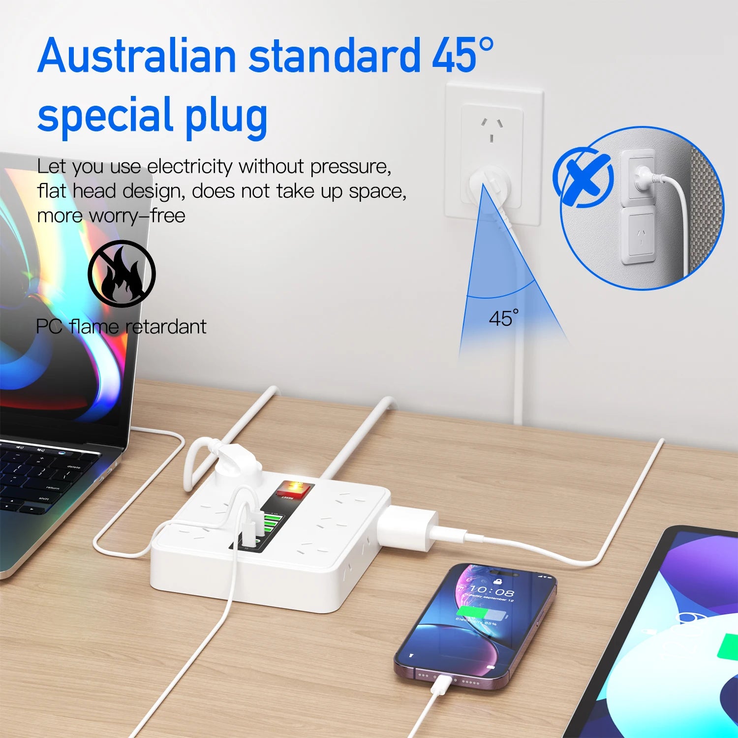 Australian Power Board: 12-Socket Extension Lead with 6 USB Fast Charger - 5