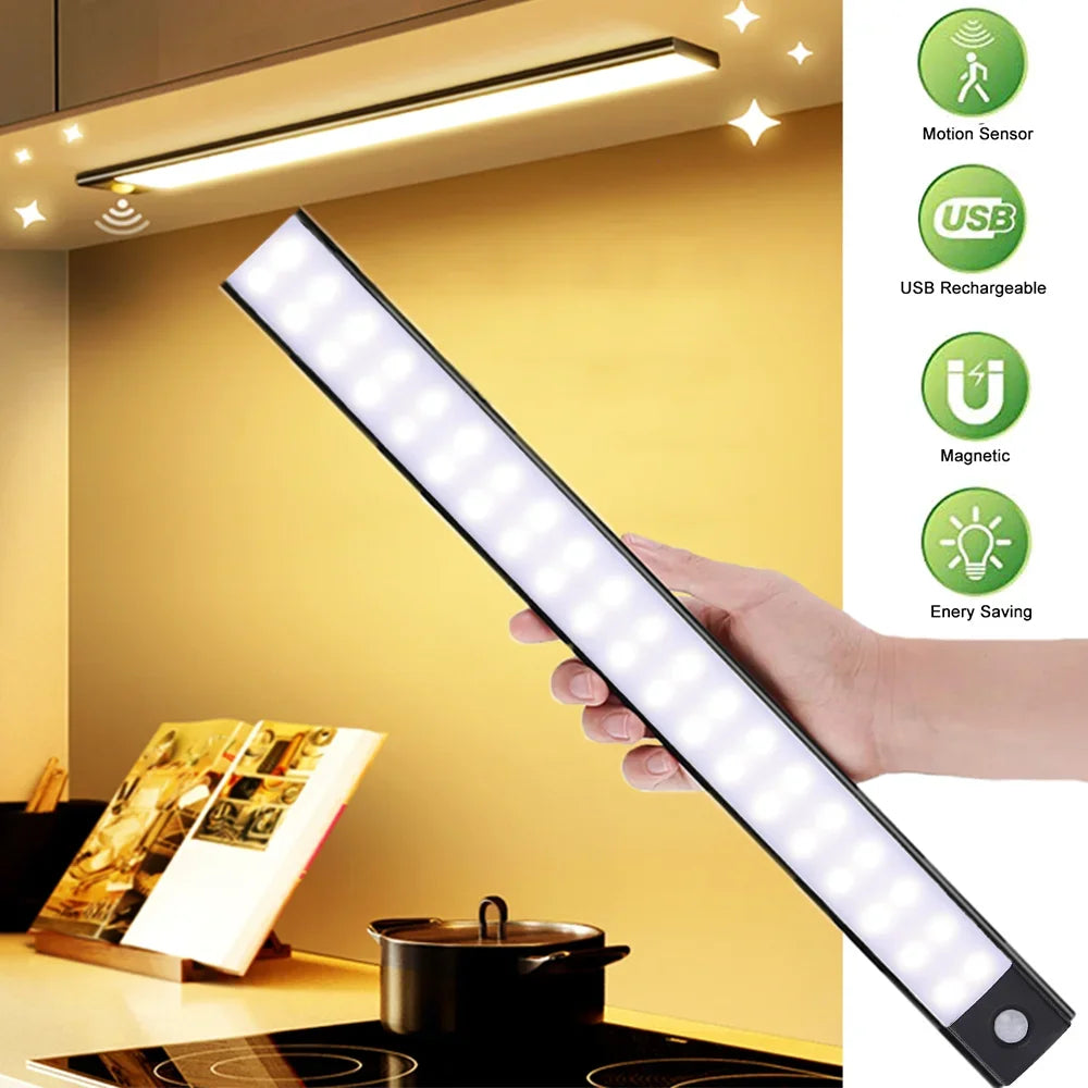Ultra-Thin LED Under Cabinet Light - USB Rechargeable Motion Sensor Closet & Wardrobe Lighting - 1