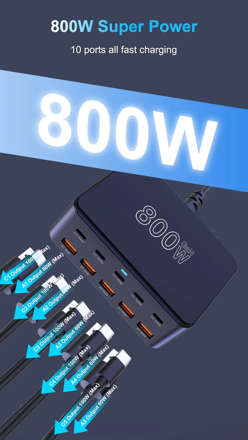 100W GaN Desktop Fast Charging Station - 10-Port USB-C & USB-A Power Hub - 10