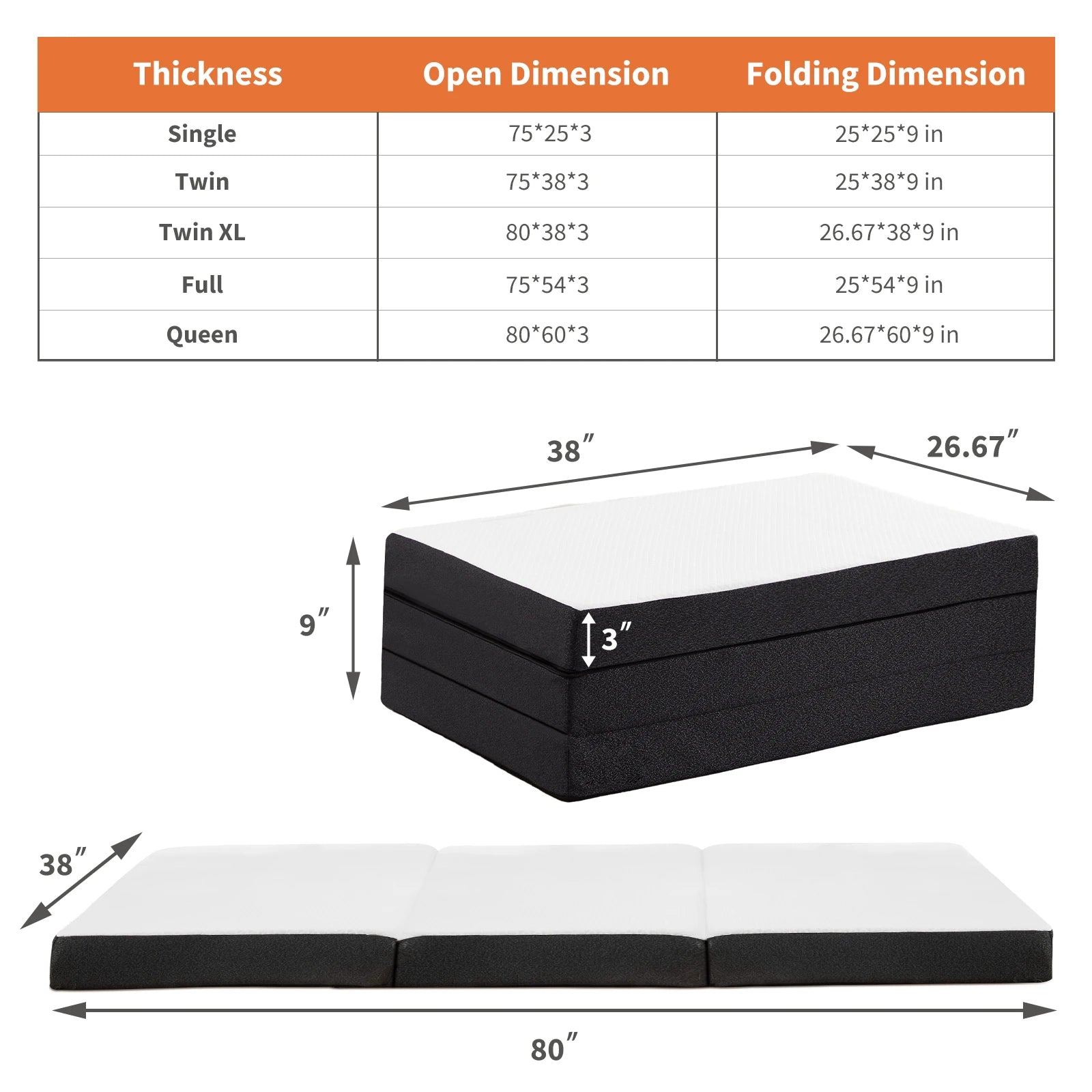 Portable Tri-Fold Memory Foam Mattress - Foldable Floor Bed for Guest & Travel - 27
