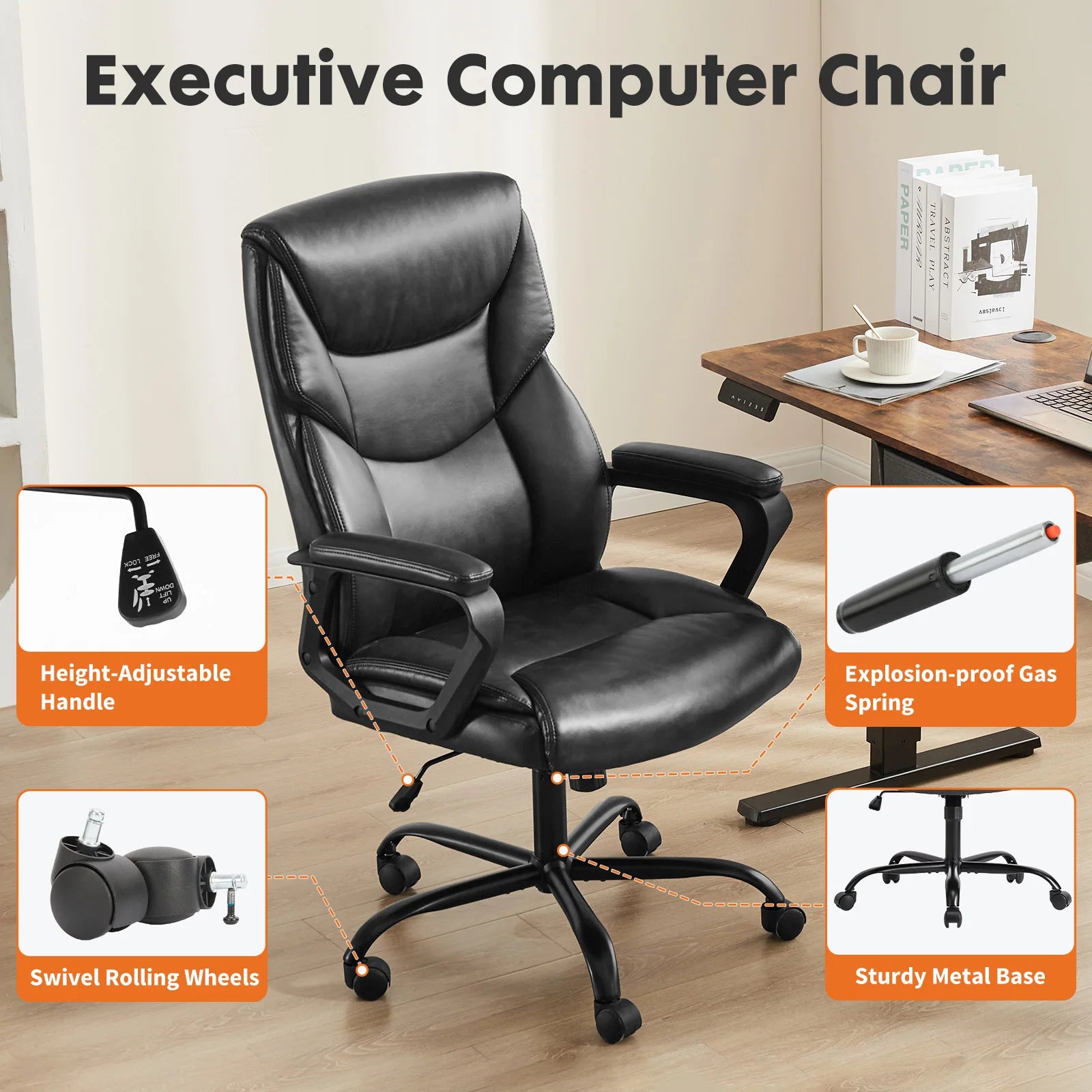 Ergonomic PU Leather Office Desk Chair with Flip-Up Arms & Lumbar Support - 14