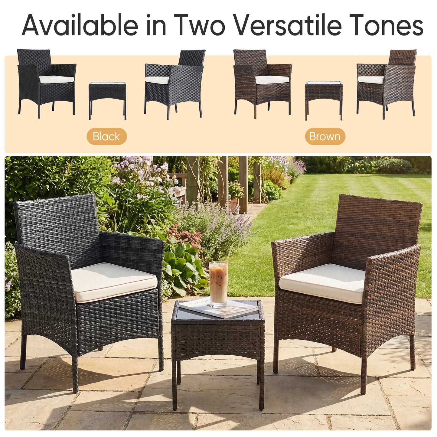 3-Piece Outdoor Rattan Patio Furniture Set with Cushions & Glass Table