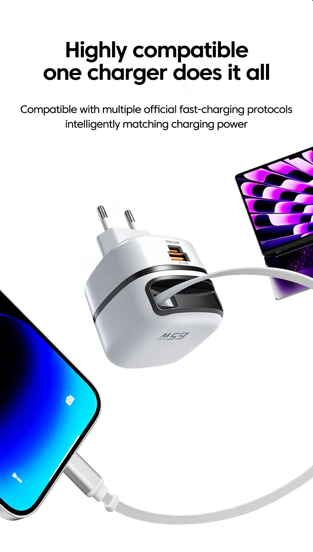65W Fast USB-C Charger & Retractable Cable Adapter for Laptop and Phone