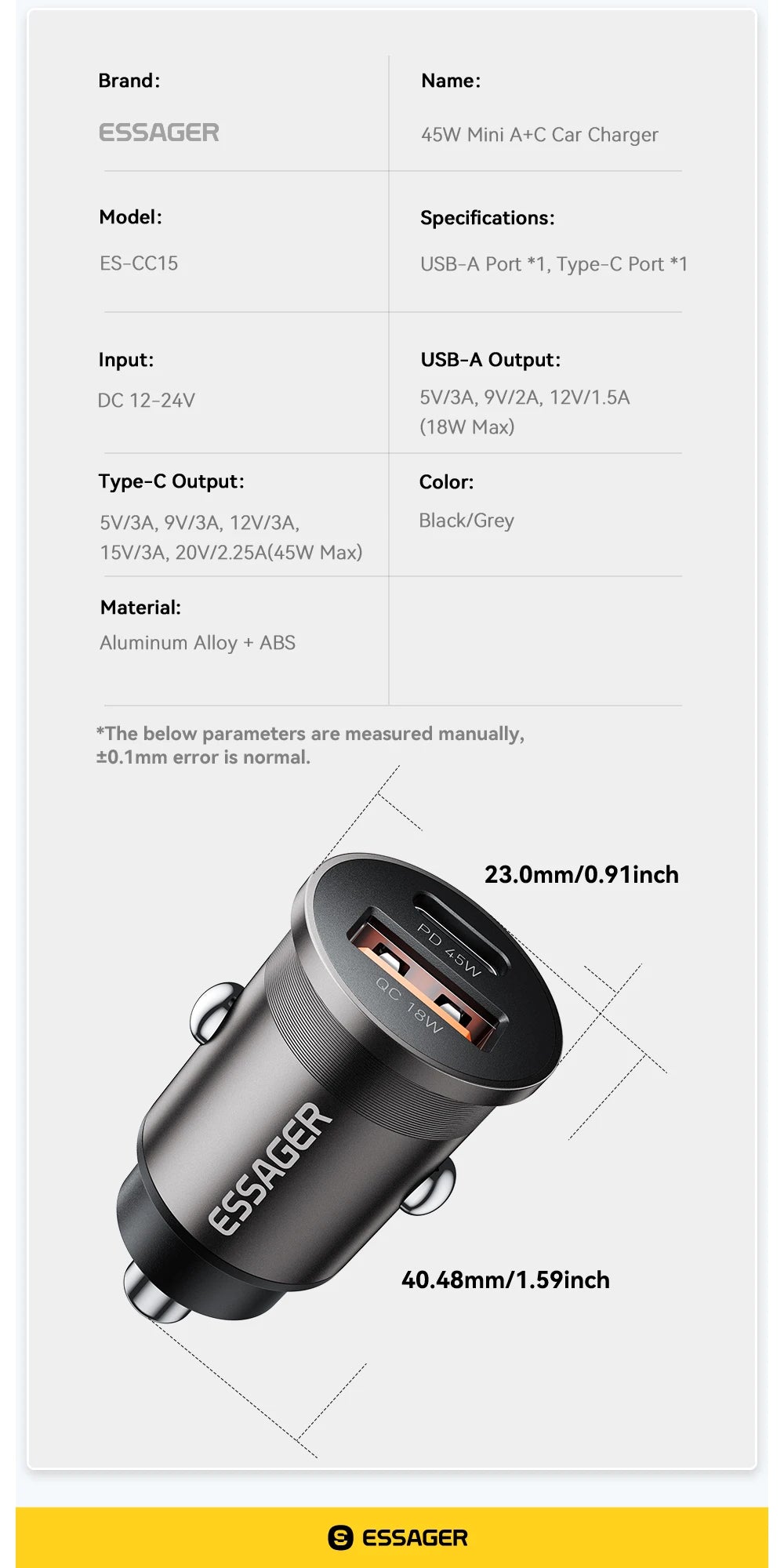 45W Dual Port Fast Car Charger - USB-C & USB-A PD Fast Charging Adapter - 17