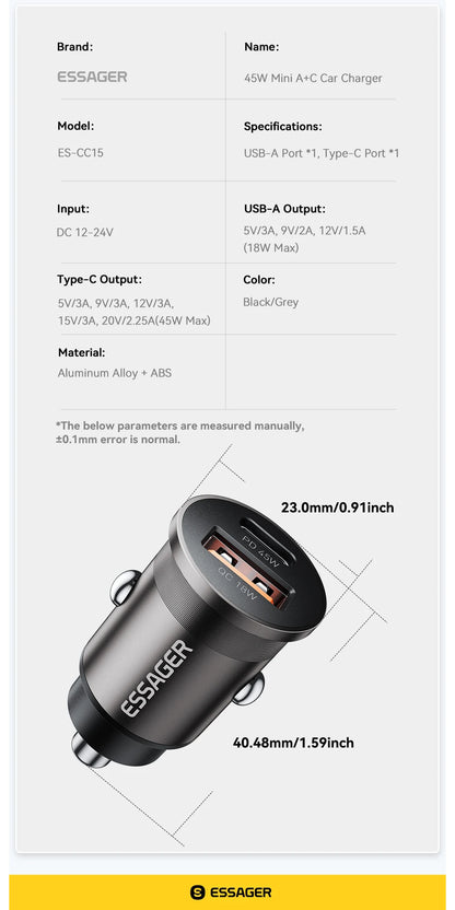 45W Dual Port Fast Car Charger - USB-C & USB-A PD Fast Charging Adapter