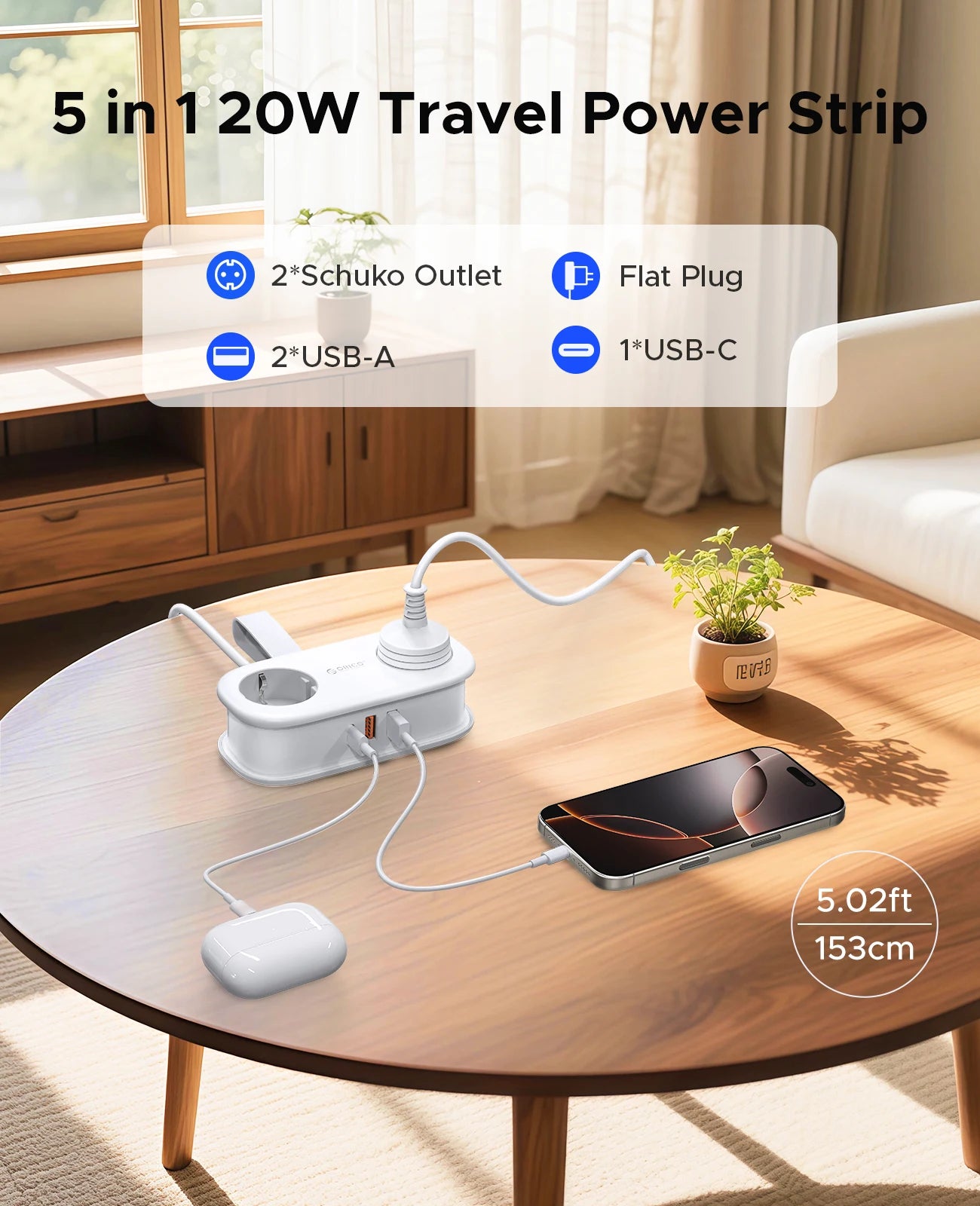 Compact 5-in-1 Travel Power Strip with PD 20W Fast Charging & USB-C - 2